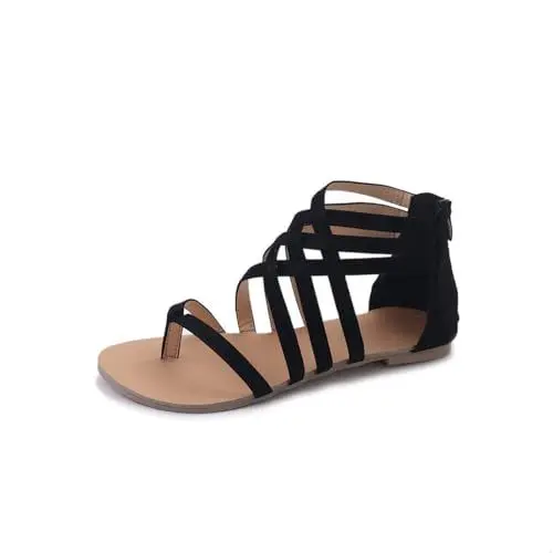 Produktbild: Sandalen Damen Sommer Römische Gladiator-Sandalen für Damen Tanga Geflochten Mit Kreuzreißverschluss Flache Sommerschuhe（Schwarz,35 EU