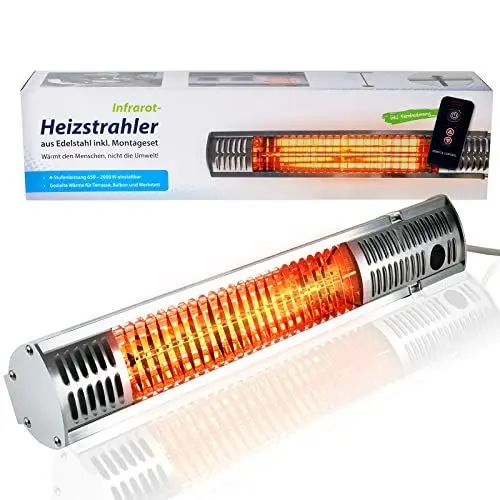 Produktbild: ASIGO® Infrarot Heizstrahler für den Außenbereich I 4 Heizstufen I 650W - 2000W Infrarotstrahler mit Fernbedienung I Wandhalterung I Edelstahl - Aluminiumblende I Infrarotheizung