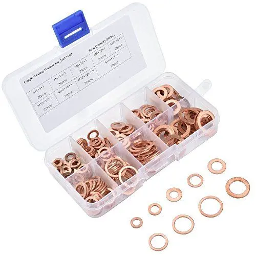 Produktbild: ASIV 200 Stück Kupferdichtringe Sortiment, M5-M14 Kupfer Flach Unterlegscheiben Sealing Ring Kupferringe Sortiment Set Kupfer Dichtringe (9 Größen)