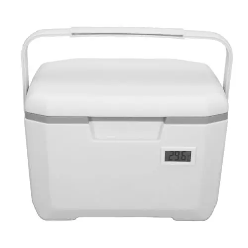 Produktbild: Asixxsix Isolierter Tragbarer 6-Liter-Kühler, Isolierter Hartkühler mit Temperaturanzeige, 10 Kühlakkus und Robustem Griff, Isolierte Tragbare Eistruhe für Strand, Getränke, Camping (White)
