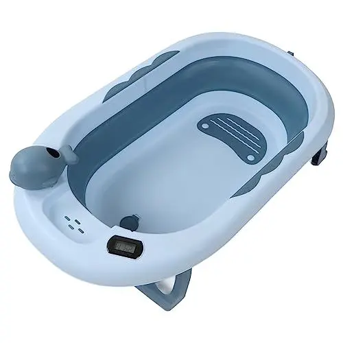 Produktbild: Asixxsix Baby-Badewanne, Echtzeit-Temperaturanzeige, Neugeborene Baby-Badewanne, Multifunktionale, Faltbare, Tragbare Sitz- und Liegebadewanne mit Abflussloch für Baby (Hellblau)