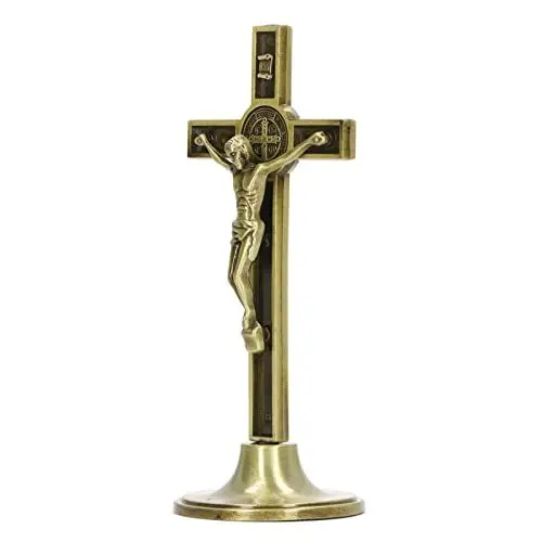 Produktbild: Asixxsix Mini-Kruzifix-Wandkreuz, 1,9 X 2 X 4,7 Zoll, Handgefertigt, Zinklegierung, Metall, Katholische Kreuze mit Abnehmbarem Sockel, Stehendes Kruzifix für Tisch-Wanddekoration (Kupferfarbe)