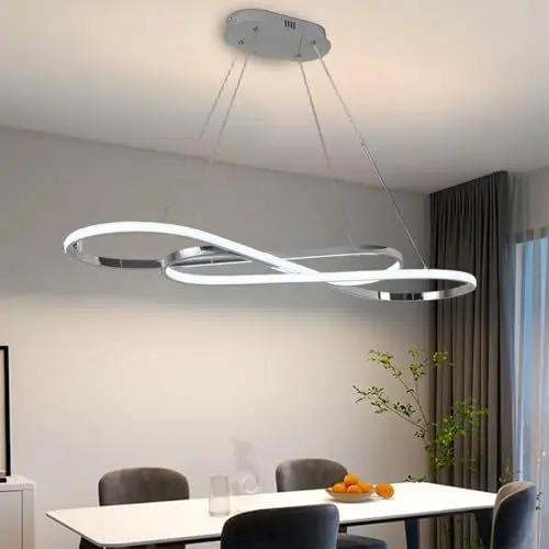 Produktbild: ASJK Hängeleuchten & Pendelleuchten, Moderne LED Pendelleuchten, 54W Kronleuchter Dimmbar mit Fernbedienung, Acryl-Hängeleuchte für die Küchen, Esszimmer, Wohnzimmer. Silber