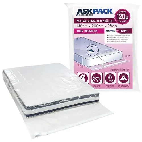 Produktbild: ASK Pack Matratzenschutzhüllen mit Klebeverschluss - Größen von XS bis XXL, Ultra Starkes Material bis 120 Micron Reißfest, Wiederverwendbar und Wasserdicht - Ideal für Transport (140 x 200 cm)