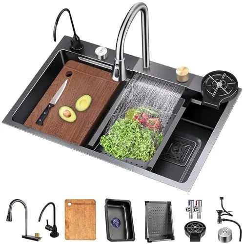 Produktbild: ASKLFNEI 75cm Küchenspüle, Nano Edelstahl Wasserfall-Art Stahl einzelne Schüssel Waschbecken, Drop In Große Kapazität Workstation Waschbecken mit Multifunktionszubehör,29.5in(80x45x22cm)