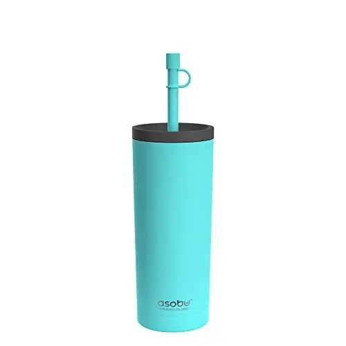 Produktbild: Asobu Trinkbecher mit flexiblem Trinkhalm, doppelwandig, Edelstahl, 570 ml blaugrün