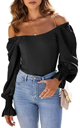 Produktbild: ASOMI Bluse Damen Elegant Pullover - Shirt Langarm Schulterfrei Swiss Dot Oberteile Tunika Puffärmel Top Frühling Herbst Winter 327 Schwarz Medium