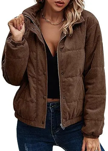 Produktbild: ASOMI Jacke Damen Winter Herbst Cordjacke Fleecejacke Causal Langarm Übergangsjacke Mode Mantel Reißverschluss Steppjacke Outwear mit Tasche 404 Braun 42