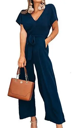 Produktbild: ASOMI Jumpsuit Damen Sommer Lang: Büro Tasche Mode Hawaii Overall Reißverschluss Lässig Elegant Urlaub Hosenanzug Gürtel Strand Kurzarm V-Ausschnitt Homewear Hohe Taille Navy Blau M