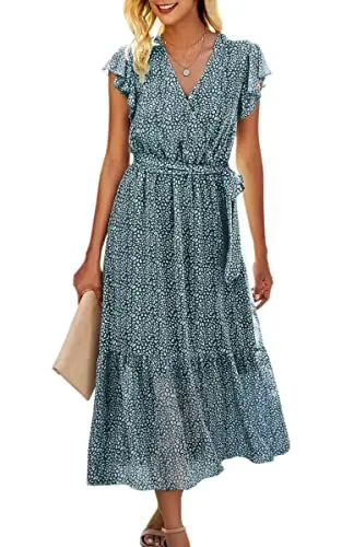 Produktbild: ASOMI Kleid Damen Sommer Boho: Blumen Herbst Wickelkleid Frühling Mode Lang Maxikleid V-Ausschnitt Casual Kurzarm Strandkleid Langarm Rüschen Freizeitkleid mit Gürtel 121 Dunkelgrün 36