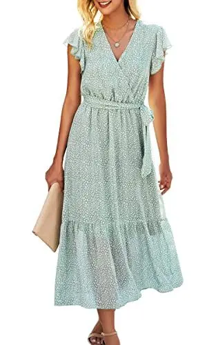 Produktbild: ASOMI Kleid Damen Sommer Boho: Blumen Herbst Wickelkleid Frühling Mode Lang Maxikleid V-Ausschnitt Casual Kurzarm Strandkleid Langarm Rüschen Freizeitkleid mit Gürtel 121 Hellgrün 38