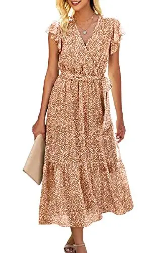 Produktbild: ASOMI Kleid Damen Sommer Boho: Blumen Herbst Wickelkleid Frühling Mode Lang Maxikleid V-Ausschnitt Casual Kurzarm Strandkleid Langarm Rüschen Freizeitkleid mit Gürtel 121 Kaffee 40