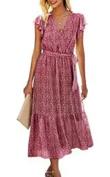 Produktbild: ASOMI Kleid Damen Sommer Boho: Blumen Herbst Wickelkleid Frühling Mode Lang Maxikleid V-Ausschnitt Casual Kurzarm Strandkleid Langarm Rüschen Freizeitkleid mit Gürtel 121 Rot 38