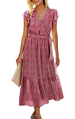 Produktbild: ASOMI Kleid Damen Sommer Boho: Blumen Herbst Wickelkleid Frühling Mode Lang Maxikleid V-Ausschnitt Casual Kurzarm Strandkleid Langarm Rüschen Freizeitkleid mit Gürtel 121 Rot 38