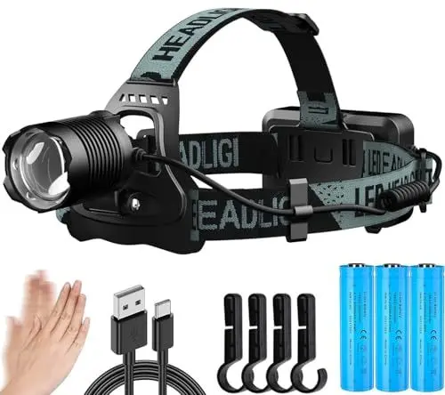 Produktbild: ASORT Stirnlampe LED wiederaufladbare, superhelle 20000 Lumen Zoombar Kopflampe, 3x18650 AKKU 6000mAh, 8 Lichtmodi, mit Gestensensor, IPX67 wasserdicht, für Arbeiten, Outdoor, Camping und Angeln