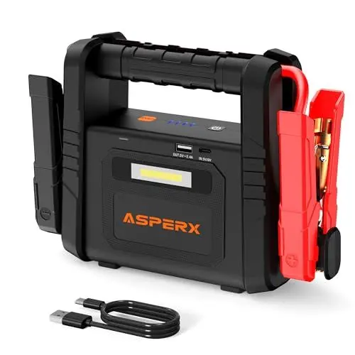 Produktbild: AsperX 6000A Starthilfe Powerbank,Tragbare Auto Starthilfe für 12V Fahrzeuge (bis zu Alle Benzin oder 12L Diesel) - Batterie Booster mit LED Taschenlampe und Starthilfekabel