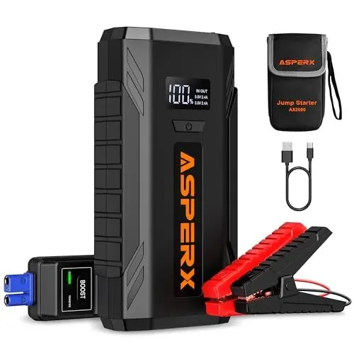 Produktbild: ASPERX Starthilfe Powerbank 2000A Spitze Auto Starthilfe Powerbank 12V Booster Auto Starthilfe (Bis Zu 8,0L Benzin Oder 6,5L Diesel) Mit LED Taschenlampe Starthilfekabel Jump Starter Für Motorrad SUV