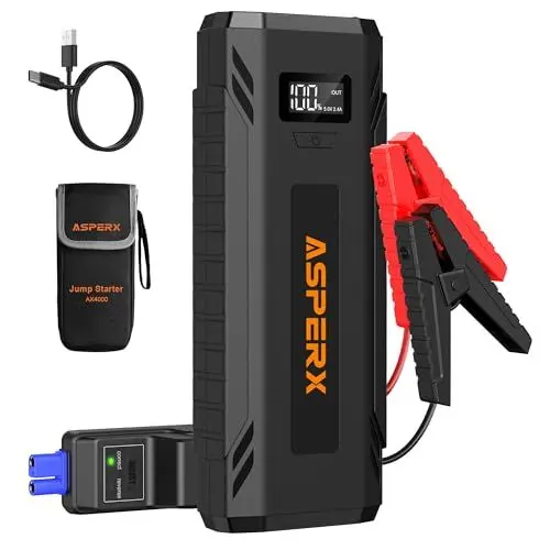 Produktbild: AsperX Starthilfe Powerbank 4000A,Tragbare Auto Starthilfe für 12V-Fahrzeuge (Bis zu Alle Benzin oder 10L Diesel) mit LED Taschenlampe, Starthilfekabel und 1,4 Zoll LCD Bildschirm