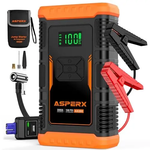 Produktbild: ASPERX Starthilfe Powerbank mit Kompressor,150PSI 3000A Auto Starthilfe Powerbank mit LED Taschenlampe Starthilfekabel,Jump Starter für Motorrad SUV (Bis Zu 10L Benzin Oder 8L Diesel)
