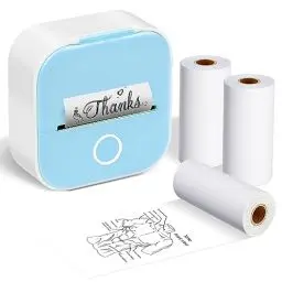 Produktbild: ASprink T02 Mini Drucker mit 3 Papierrollen, Pocket Printer, Etikettendrucker, Aufkleberdrucker, Thermodrucker, Bluetooth, Inkeless für Notizen, Memos, Zeitschriften, DIY