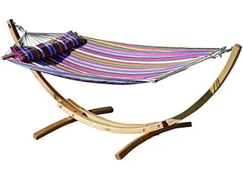 Produktbild: ASS 320cm Hängemattengestell XL Limited Edition aus Holz Lärche mit Stab Hängematte gefüttert und Polster Schrauben aus Edelstahl von Farbe:Gestell Natur mit Matte PINK