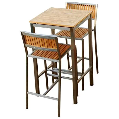 Produktbild: ALEOS. Bar Set - Edelstahl Teak Bartisch Bistrotisch 60x60cm mit 2X Barhocker Modell: MEXIKO A-Grade Teakholz