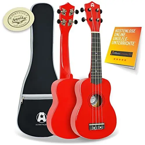 Produktbild: A-Star Sopran-Einsteiger-Ukulele in Rot mit hochwertigen Aquila-Saiten, inklusive gepolsterter Tasche