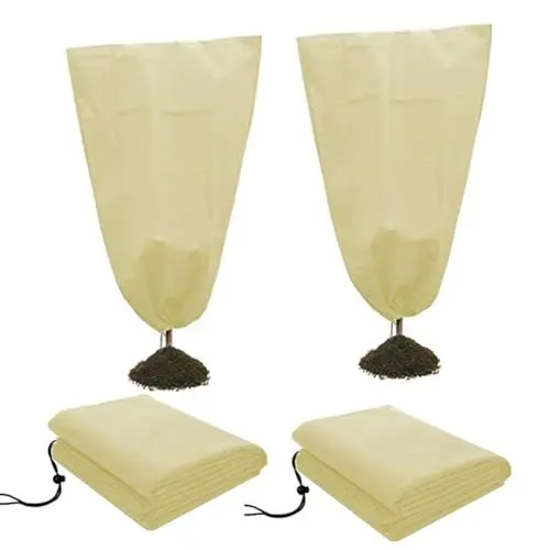 Produktbild: AstarFavor 2 Stück Pflanzenabdeckung mit Zugband Winterschutz für Pflanzen Frostschutz Pflanzenschutzsack Kübelpflanzensack Pflanzenschutzhauben (80 x 120 cm, Beige)