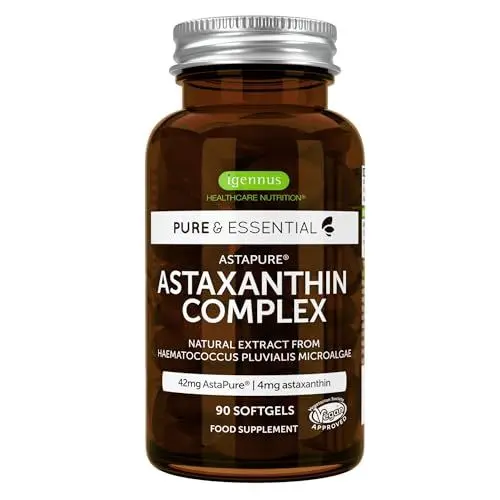 Produktbild: Astaxanthin Komplex, vegane & natürliche Antioxidantien, mit 4mg Astaxanthin aus 42mg Mikroalgen, 90 Weichkapseln, von Igennus