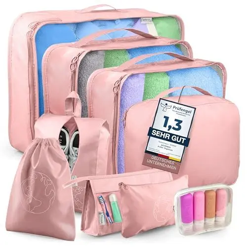 Produktbild: asteriCS Koffer Organizer & Silikon Reiseflaschen BPA frei (12er Set) wasserdichte Packing Cubes & auslaufsichere Shampoo Flaschen zum Befüllen 4x90ml zugelassen für Handgepäck Flüssigkeiten