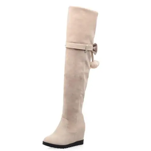 Produktbild: Asterisco Damen Keilabsatz Overknee Stiefel mit Plateau Puschels Mitte Absatz Stiefel Runde Zehen Ohne Verschluss Schneestiefel, E138694Vj Beige Gr 39 EU/40Cn