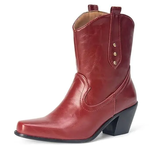 Produktbild: Asterisco Damen Stiefeletten mit Blockabsatz Nieten Mitte Absatz Boot Pointed Toe Ohne Verschluss Cowboystiefel, P24463Yj Rotwein Gr 39 EU/40Cn