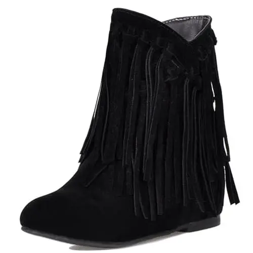 Produktbild: Asterisco Damen Stiefeletten mit Keilabsatz Franse Mitte Absatz Stiefeletten Runde Zehen Ohne Verschluss Mokassin Stiefel, M51776Af Schwarz Gr 42 EU/44Cn