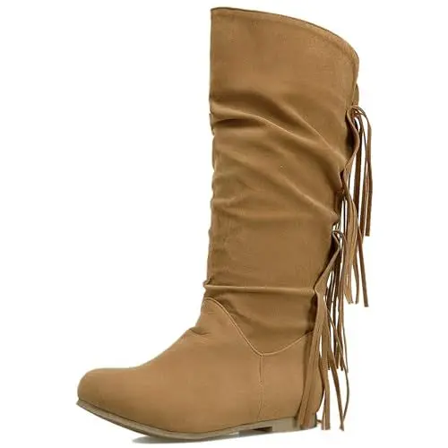 Produktbild: Asterisco Flache Damenstiefel mit Mittlerer Wade Franse Niedrige Absatz Stiefel Runde Zehen Ohne Verschluss Lockere Stiefel, T177993Wc Gelb Gr 44 EU/46Cn