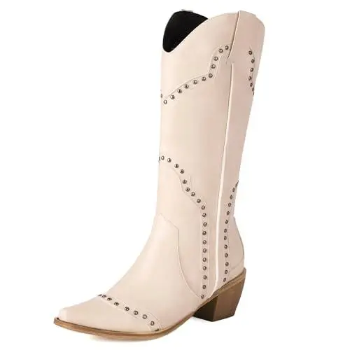 Produktbild: Asterisco Kniehohe Stiefel mit Blockabsatz Für Damen Nieten Mitte Absatz Stiefel Pointed Toe Ohne Verschluss Cowboystiefel, F175341Zj Beige Gr 36 EU