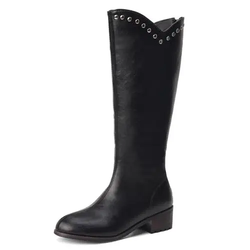 Produktbild: Asterisco Wadenhohe Damenstiefel mit Blockabsatz Nieten Mitte Absatz Stiefel Runde Zehen Zip Reitstiefel Boots, W232450Tt Schwarz Gr 36.5 EU/37Cn