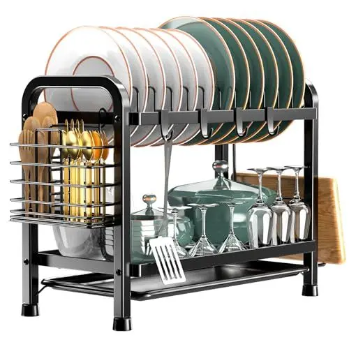 Produktbild: Astoryou Abtropfgestell Geschirr, 2-stufiges Geschirrabtropfgestell Schwarz, Geschirr Abtropfständer Edelstahl mit Utensilienhalter und Abtropfschale Dish Drainer für Trockne die Spüle (41*20*34 cm)