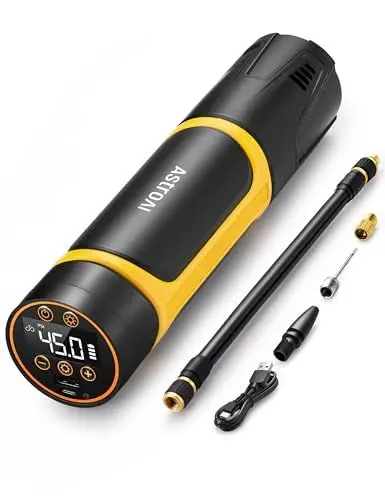 Produktbild: AstroAI Elektrische Luftpumpe 150PSI (10,3 Bar) Tragbar Fahrradpumpe mit Akku LED-Licht Luftkompressor Reifenpumpe für Fahrrad, E-Bike, Auto, Motorrad, Basketball, E-Scooter Als Powerbank