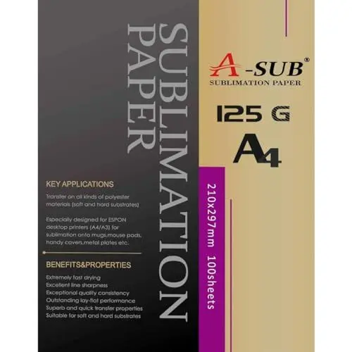 Produktbild: A-SUB Sublimationspapier A4, 210 x 297 mm, 100 Blatt, 125 g/m², kompatibel mit EPSON, SAWGRASS, RICOH, BROTHER Sublimationsdruckern