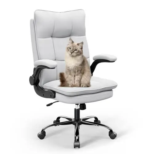 Produktbild: Asukale Bürostuhl Ergonomisch, Schreibtischstuhl, Chefsessel, PC Computerstuhl mit hochklappbarer Armlehne, drehbar und Wippfunktion, Höhenverstellbar, Doppelt verdickte Rückenlehne, Bis 150 kg Grau