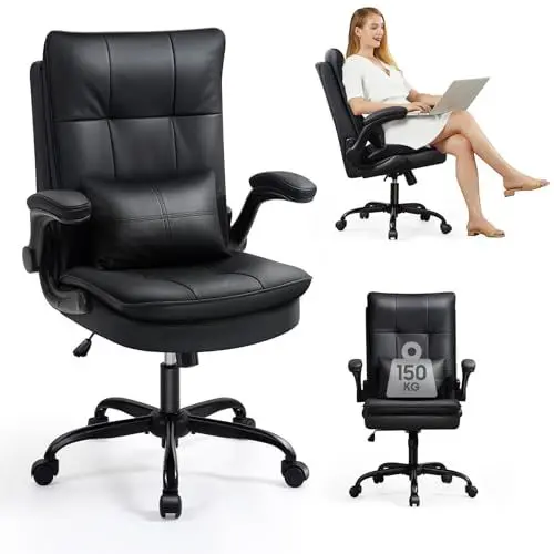 Produktbild: Asukale Bürostuhl Ergonomisch (TESTSIEGER) Schreibtischstuhl | Kratzfeste Leder | Hochklappbare Armlehne & Hohe Rückenlehne | Höhenverstellbar & Wippfunktion | Chefsessel 150 kg, Schwarz
