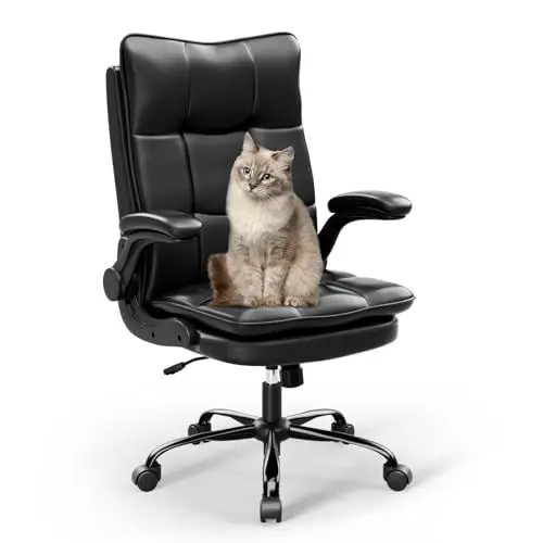 Produktbild: Asukale Bürostuhl Schreibtischstuhl Ergonomisch, Chefsessel mit Kratzfeste Technologieleder, klappbare armlehne, drehbar und Wippfunktion, Höhenverstellbar, Doppelt verdickte Rückenlehne, Schwarz