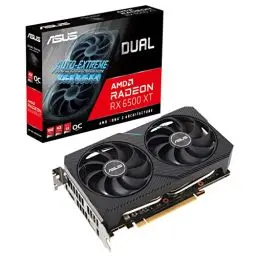 Produktbild: ASUS Dual AMD Radeon RX 6500 XT OC Edition Gaming Grafikkarte (AMD Radeon RX6500XT 4GB GDDR6, PCIe 4.0, 1x HDMI 2.1, 1x DisplayPort 1.4a, DUAL-RX6500XT-O4G)