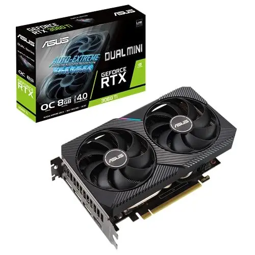 Produktbild: ASUS Dual GeForce RTX3060 TI Mini 8G V2 OC Edition Gaming Grafikkarte (Lite Hash Rate (LHR), Nvidia Ampere, PCIe 4.0, 8GB DDR6 Speicher, 2x HDMI 1.2, 3x DisplayPort 1.4a, DUAL-RTX3060TI-O8G-Mini-V2)