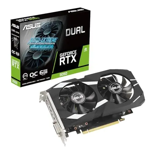 Produktbild: ASUS Dual GeForce RTX 3050 OC Edition 6GB GDDR6 Gaming Grafikkarte (Nvidia GeForce RTX3050 DLSS, PCIe 4.0, 1x HDMI 2.1a, 1x DisplayPort 1.4a, DUAL-RTX3050-O6G)