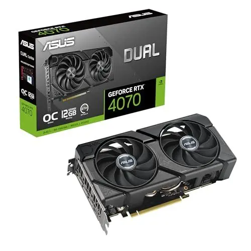 Produktbild: ASUS Dual GeForce RTX 4070 EVO OC Edition 12GB GDDR6X Gaming Grafikkarte (Nvidia GeForce RTX4070 DLSS 3, PCIe 4.0, 1x HDMI 2.1a, 3X DisplayPort 1.4a, DUAL-RTX4070-O12G-EVO, schwarz)