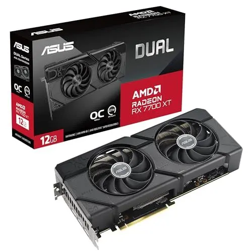 Produktbild: ASUS Dual Radeon RX 7700 XT OC Edition 12GB GDDR6 Gaming Grafikkarte (AMD Radeon RX7700XT, PCIe 4.0, 1x HDMI 2.1, 3X DisplayPort 2.1, DUAL-RX7700XT-O12G, schwarz)