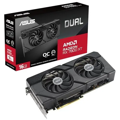 Produktbild: ASUS Dual Radeon RX 7800 XT OC Edition 16GB GDDR6 Gaming Grafikkarte (AMD Radeon RX7800XT, PCIe 4.0, 1x HDMI 2.1, 3x DisplayPort 2.1, DUAL-RX7800XT-O16G, schwarz)