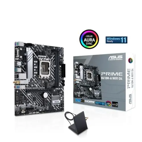 Produktbild: ASUS Prime H610M-A WiFi D4 Mainboard Sockel Intel LGA 1700 (Intel H610, mATX, WiFi 5, DDR4 Speicher, PCIe 4.0, 2X M.2, adressierbare Gen.2 Header, Aura Sync), Schwarz, 90MB1C80-M0EAY0