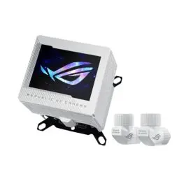 Produktbild: ASUS ROG Ryujin III WB White LCD CPU-Wasserblock (Asetek-Wasserblock mit 178 Mikrokühllamellen und Kühlplatte aus Kupferlegierung, 3,5-Zoll-LCD-Bildschirm, integrierter VRM-Lüfter, ROG Fittings, weiß)